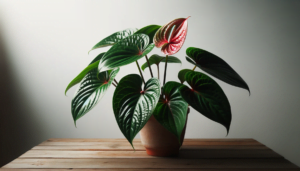 DALL·E 2023 10 22 02.41.56 Photo of a thriving Anthurium indoor plant with glossy green leaves and bright red spathes placed on a wooden table against a white backdrop