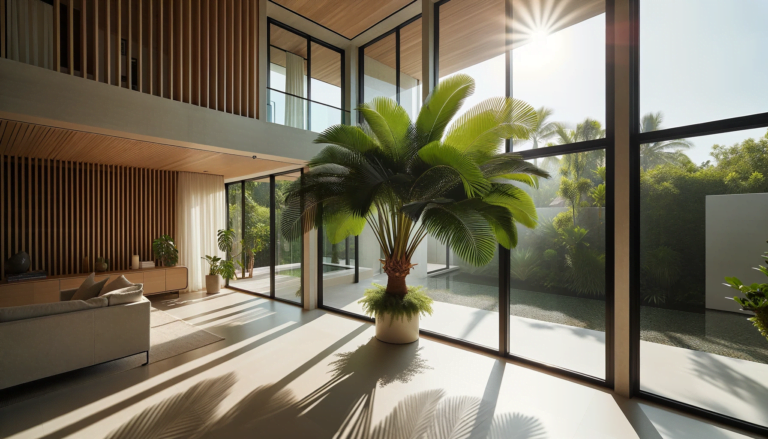 DALL·E 2023 10 22 03.48.45 Photo of a Kentia Palm Howea forsteriana thriving in a sunlit corner of a contemporary home with floor to ceiling windows offering a glimpse of the