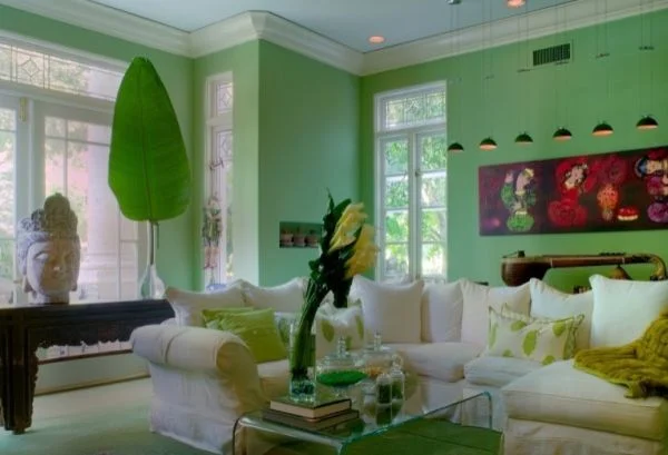 Green walls white couch